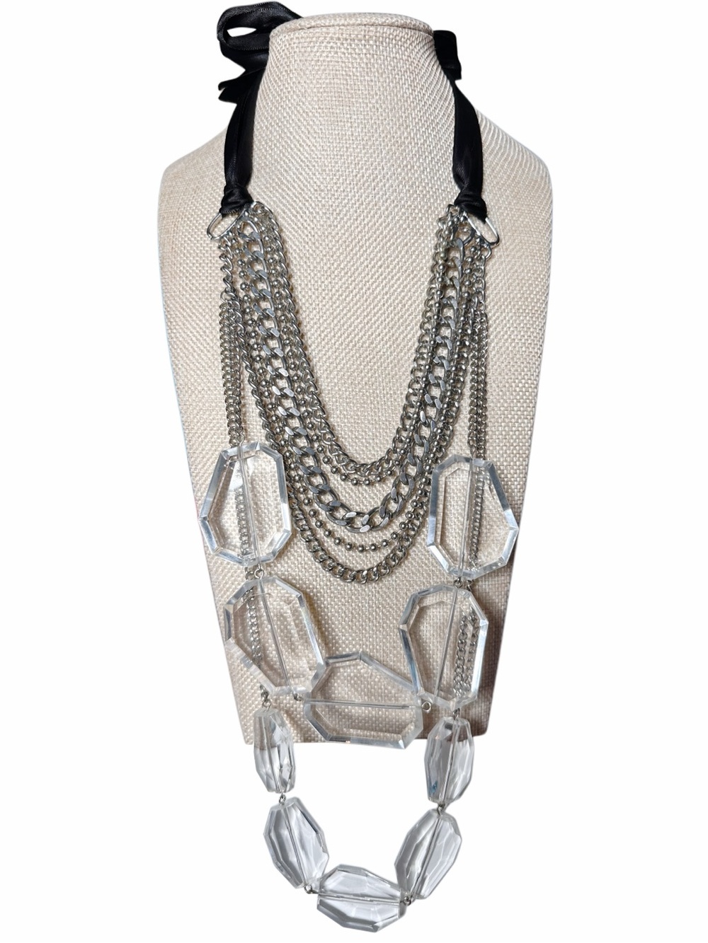 Multi-Chain Crystal Statement Necklace - Silver and Clear